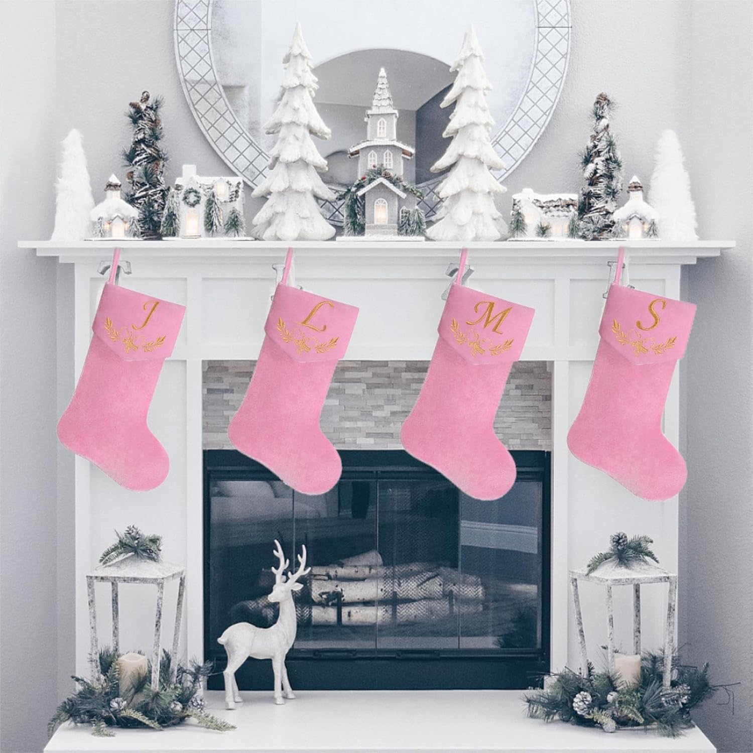 Personalized Velvet Christmas Stockings,19.5 Inches Initial Monogram Christmas Stocking,Embroidered Letter Fireplace Hanging Stockings for Party Decoration and Xmas Gift-Pink A - Image 5