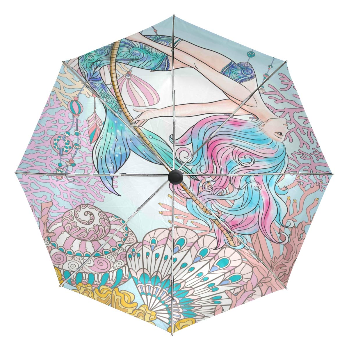 FenderWamika Hand Drawn Mermaid Automatic Umbrella Seashell Fish Animal Windproof Waterproof UV Protection Travel Umbrella - 3 Folds Auto Open/Close Button Sun&Rain Car Umbrella