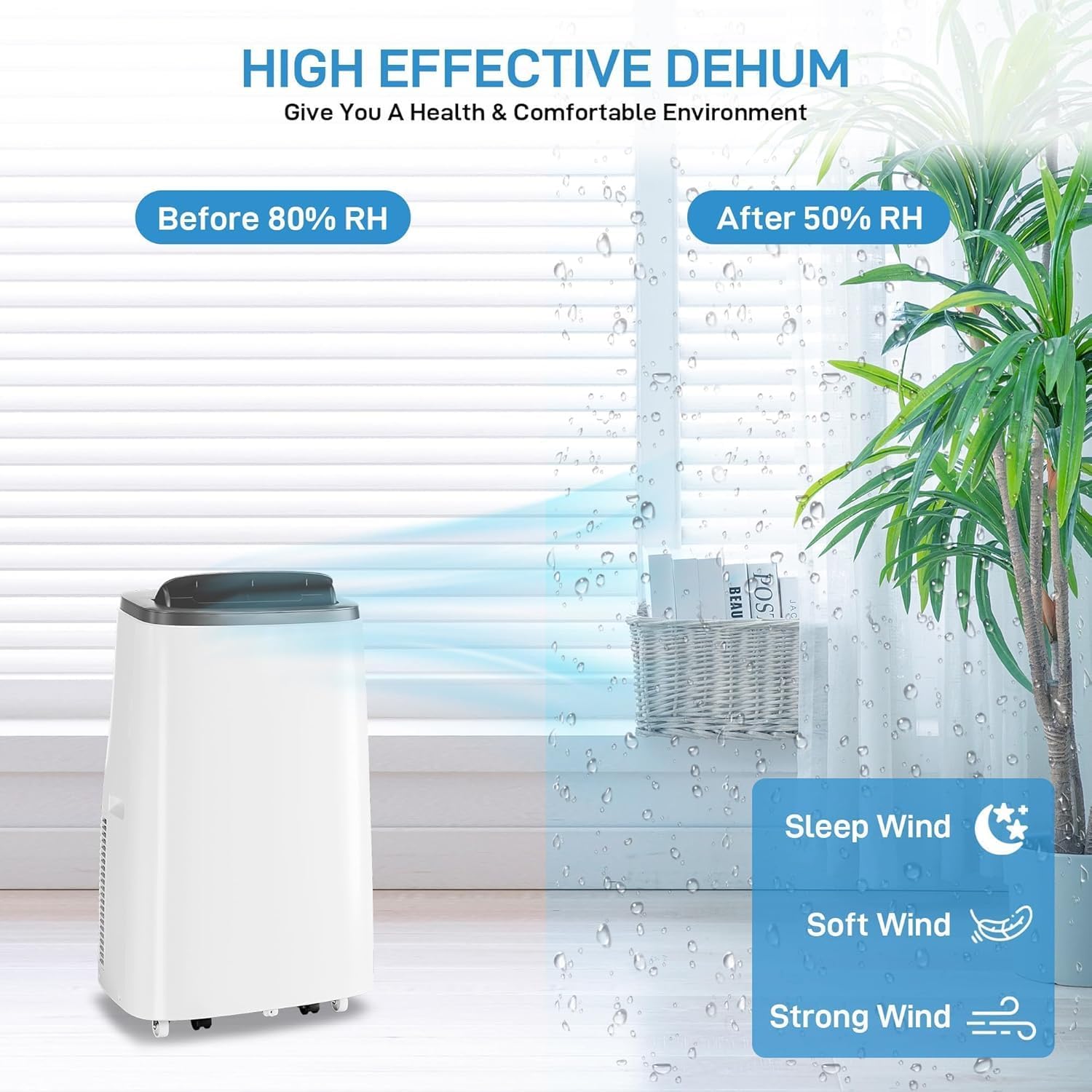 14000 BTU Portable Air Conditioner, 4-In-1 Quiet Portable AC Unit Up to 750 Sq. Ft, Portable Ac With Cooling, Fan, Dehumidifier,Energy Saving & Remote Control, for Rooms/Living Room, Black Top