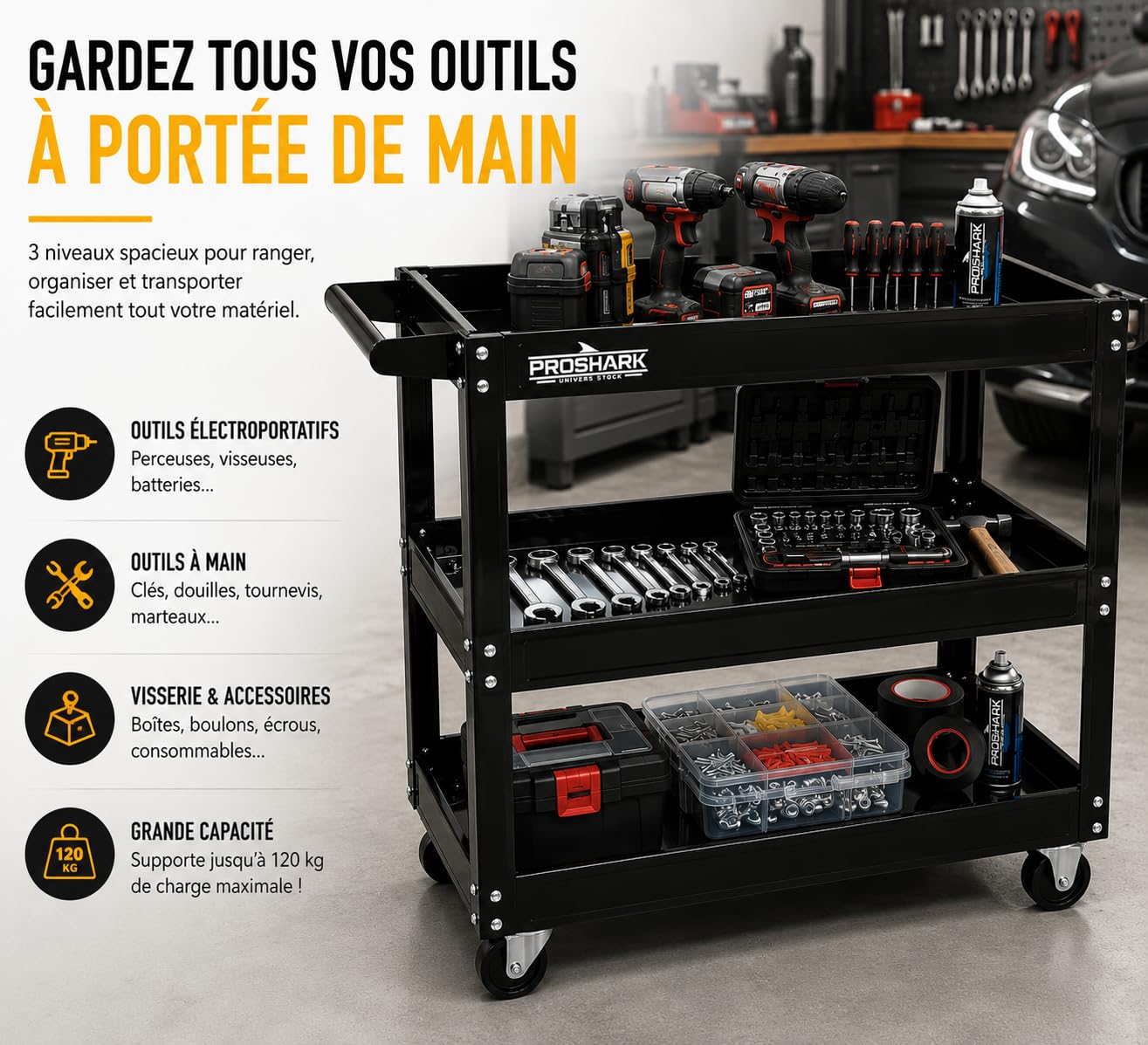 Chariot d'atelier Mobile 3 Niveaux - Charge 120 kg - 4 Roues Dont 2 pivotantes et 1 Frein - Servante de Transport - Chariot de Rangement pour Garage, Atelier et mécanicien