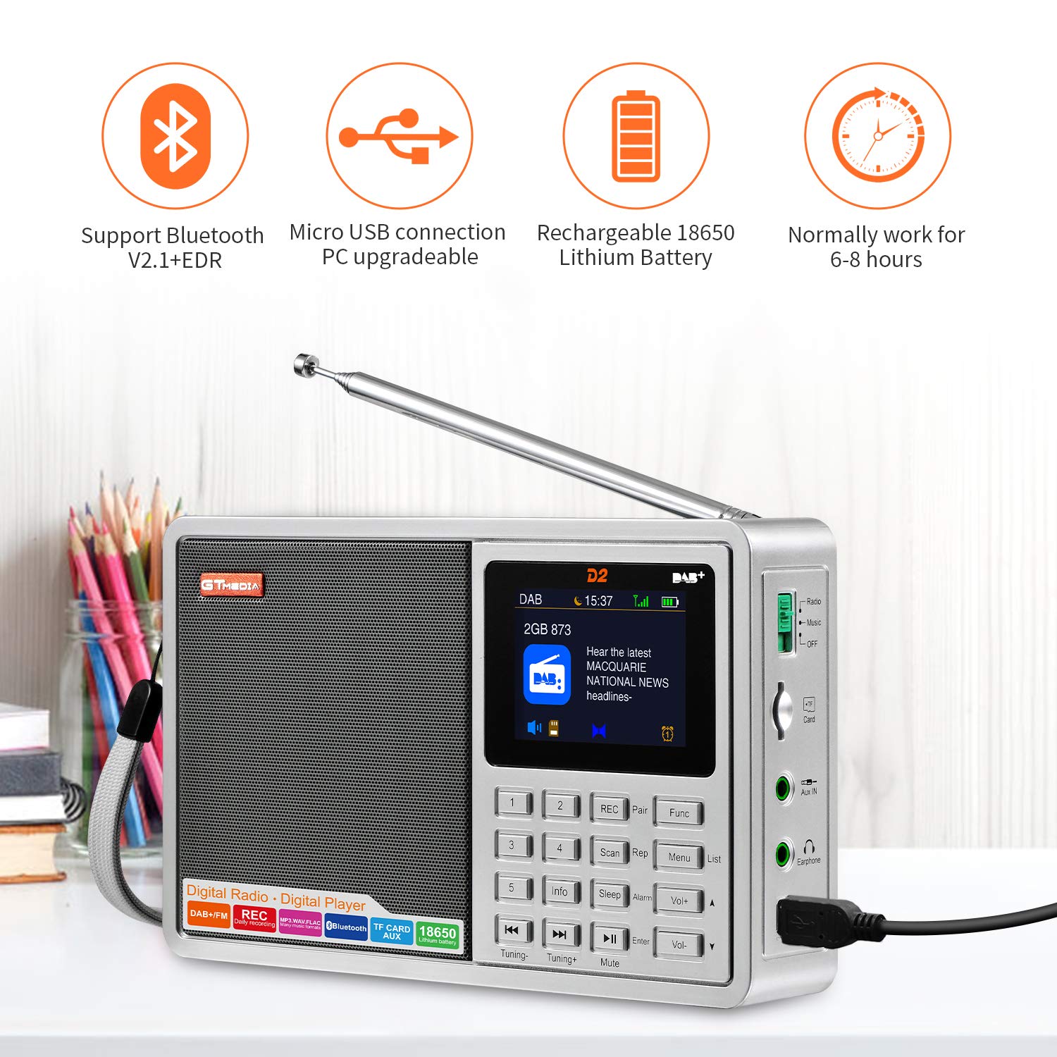 Radio compacte avec Dab+/FM, Lecture Audio, Heure/Alarme, Affichage Couleur, Bluetooth et Support multilingue. Idéal pour Les Voyages, Les entraînements ou l'utilisation en Cuisine. des possibilités