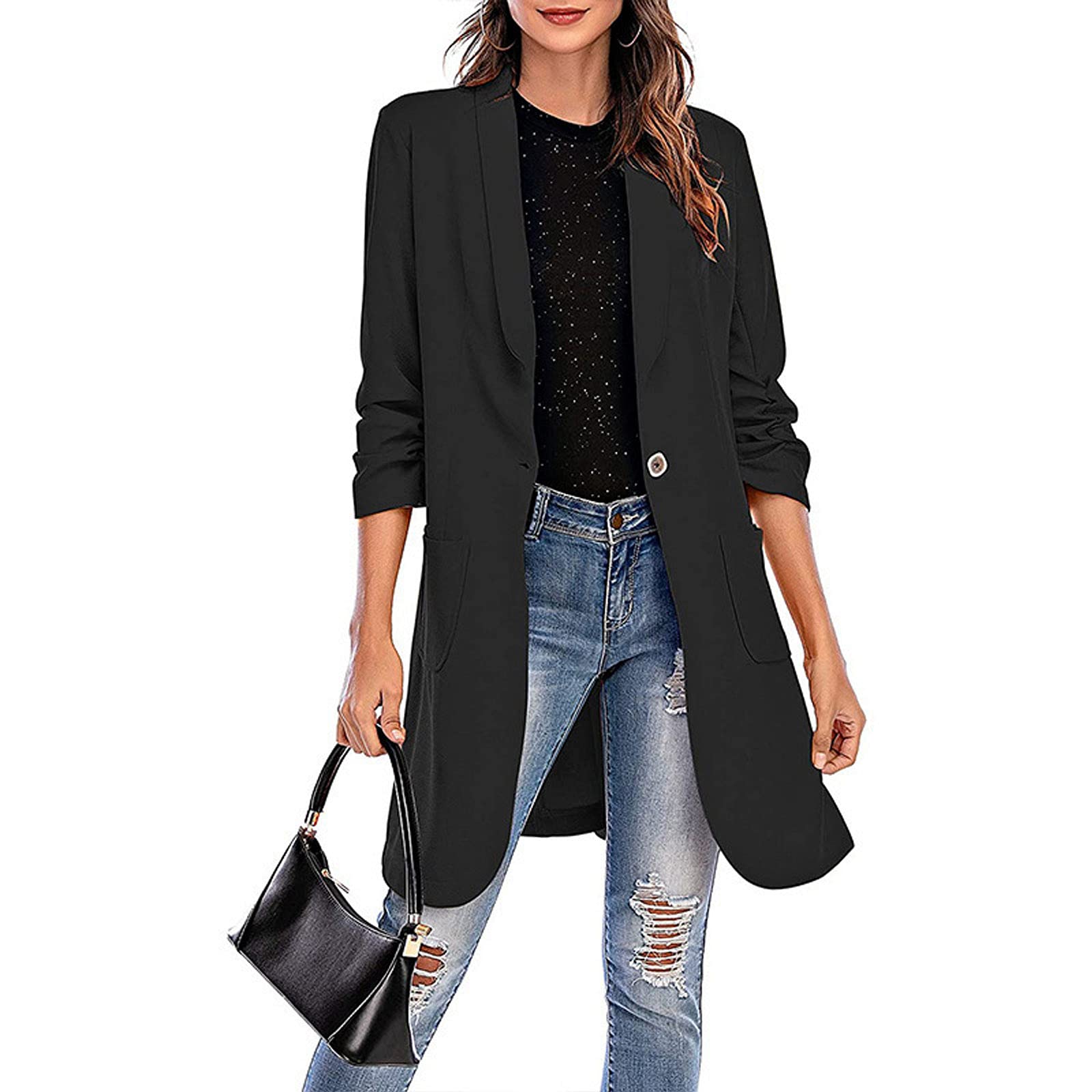 Blazer da donna, elegante e chic, lungo cappotto, lungo, da donna, in tinta unita, con tasca