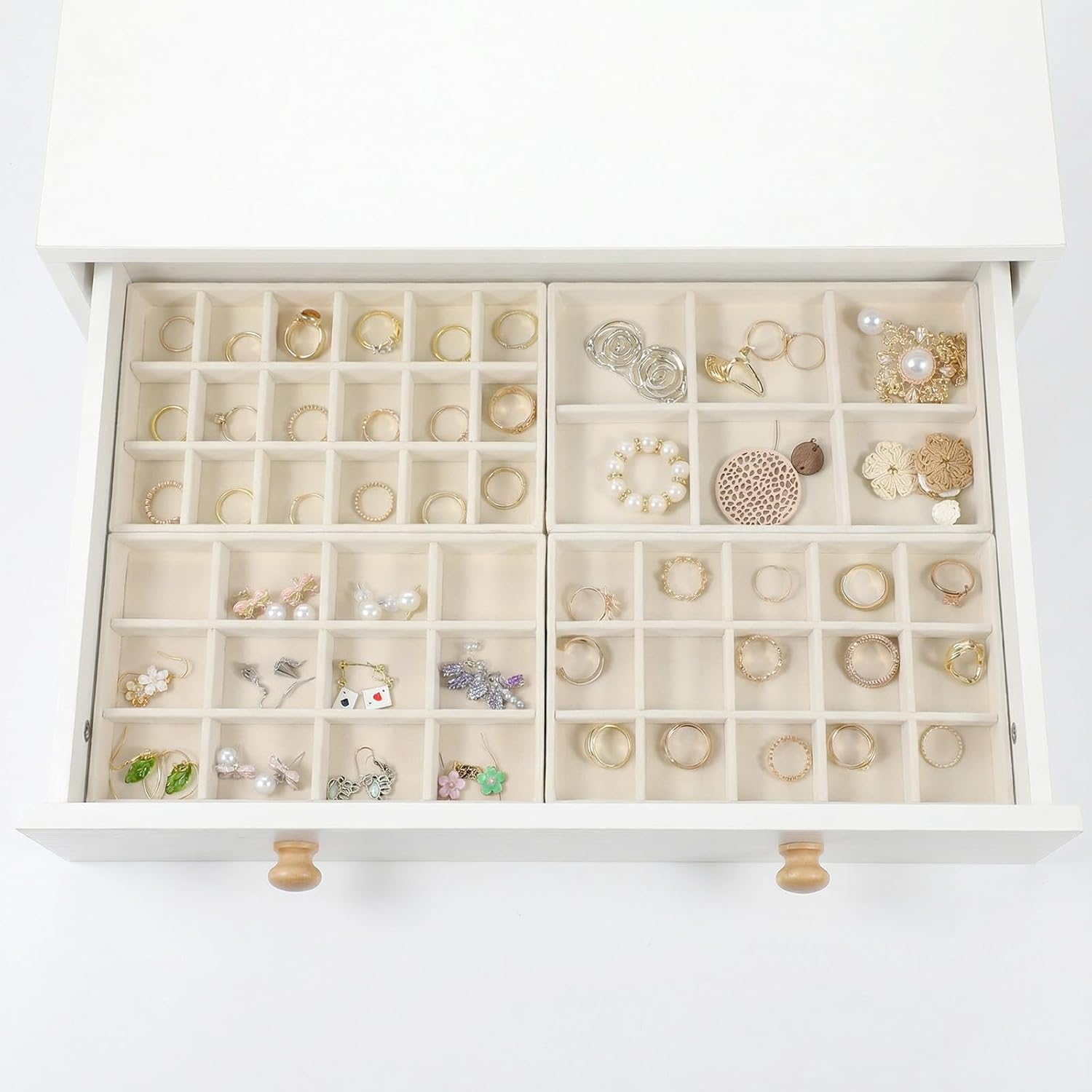 12 Pcs Velvet Jewelry Organizer Trays Set, 4 Styles Stackable Drawer Organizer with Removable Dividers, Storage and Display for Earrings, Necklaces, Bracelets, Rings, Vanity Dresser Storage Box, Beige