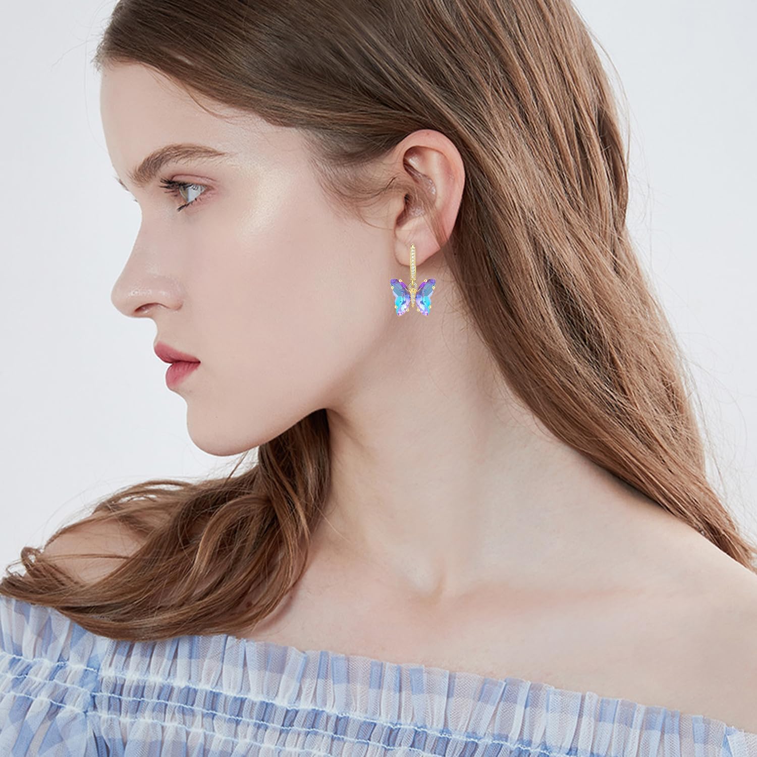 Sparkly Crystal Butterfly Huggie Hoop Earrings Gold Rhinestone Animal Dangle Drop Earrings For Women - Image 3