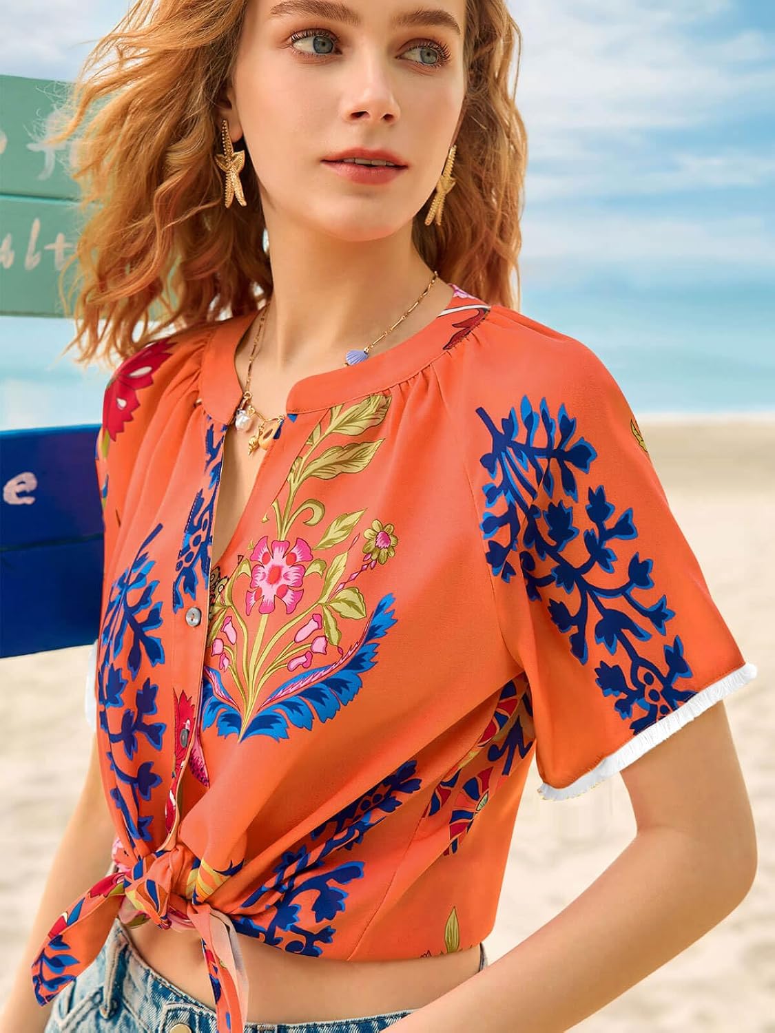 Yousify Button Down Shirts for Women Short Sleeve Boho Tops V Neck Dressy Blouses Summer Casual Outfits - Image 6