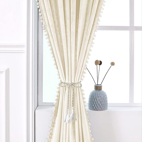Miniatura 3 de Cortinas de terciopelo con pompones para dormitorio, bolsillo para barra, 52 x 96 pulgadas, cortinas opacas suaves para ventana, oscurecimiento de