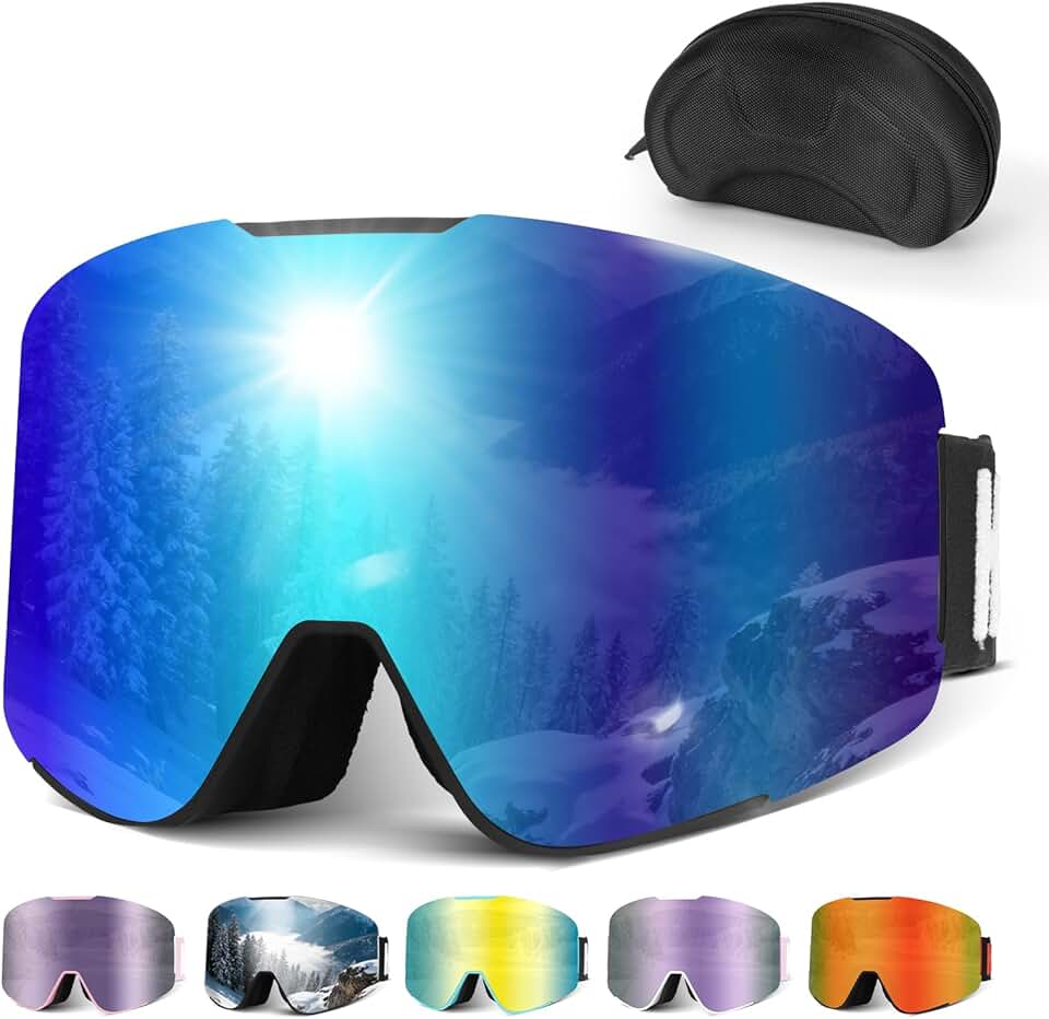 Hikeen Lunettes de ski photochromiques anti-buée, protection UV avec rembourrage 3 couches pour homme et femme avec étui de rangement