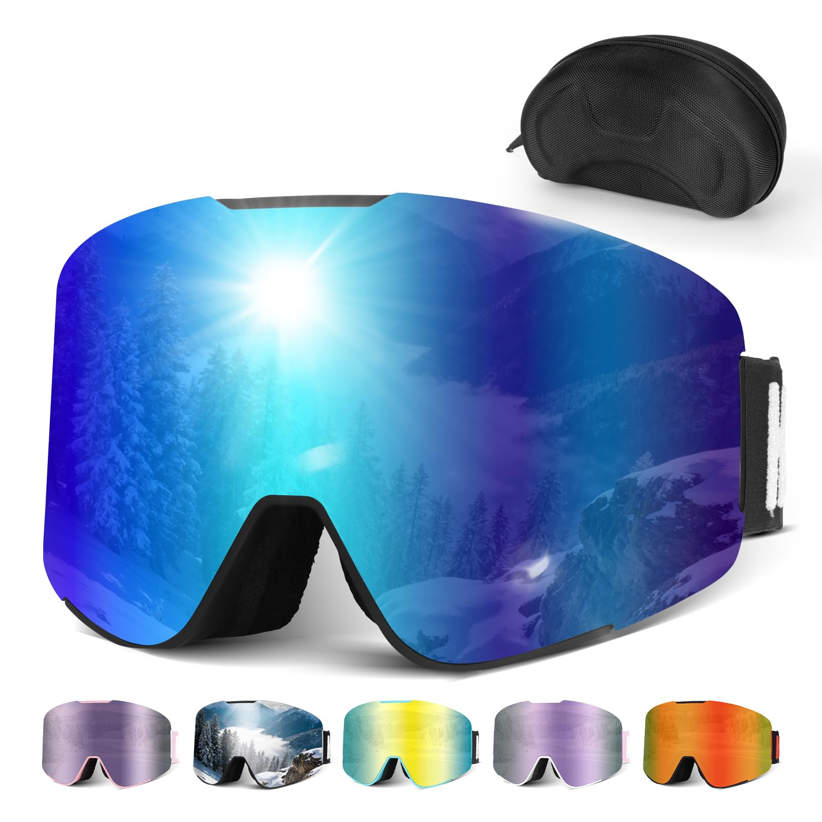 Hikeen Lunettes de ski photochromiques anti-buée, protection UV avec rembourrage 3 couches pour homme et femme avec étui de rangement