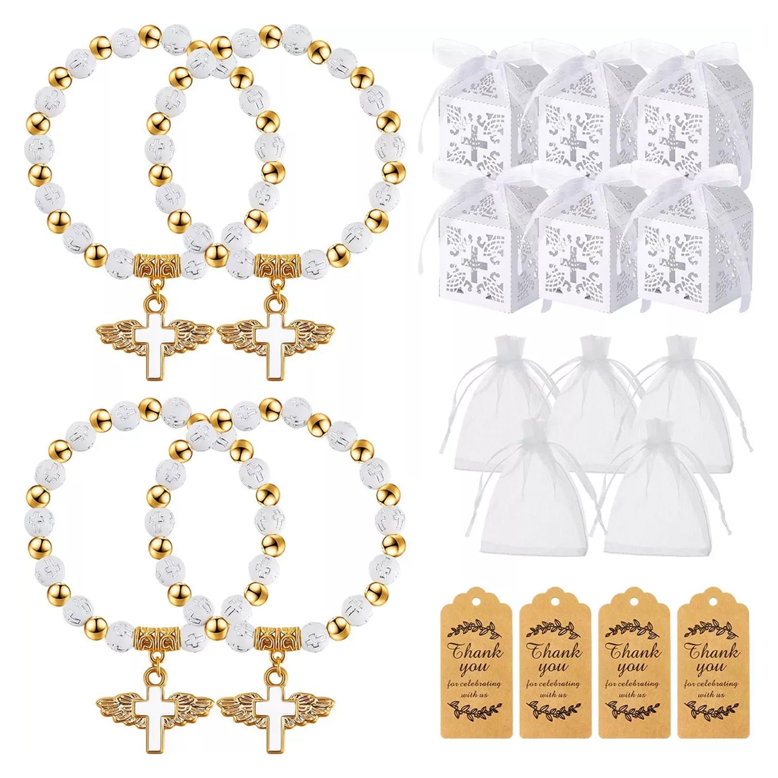 Set di bomboniere per battesimo da 20 pezzi: 20 braccialetti con croce rosario angelo, 20 scatole per battesimo, 20 sacchetti in organza, 20 etichette