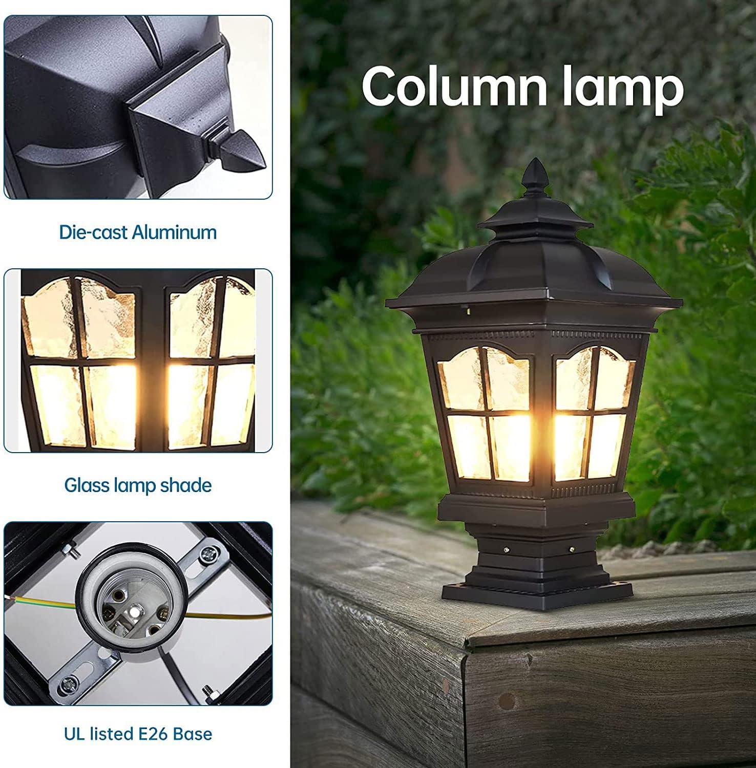 Outdoor Column Lights, Waterproof Post Lights Fixture Aluminium Glass Modern Pillar ations for Patio Villa Garden Fence E26, Black