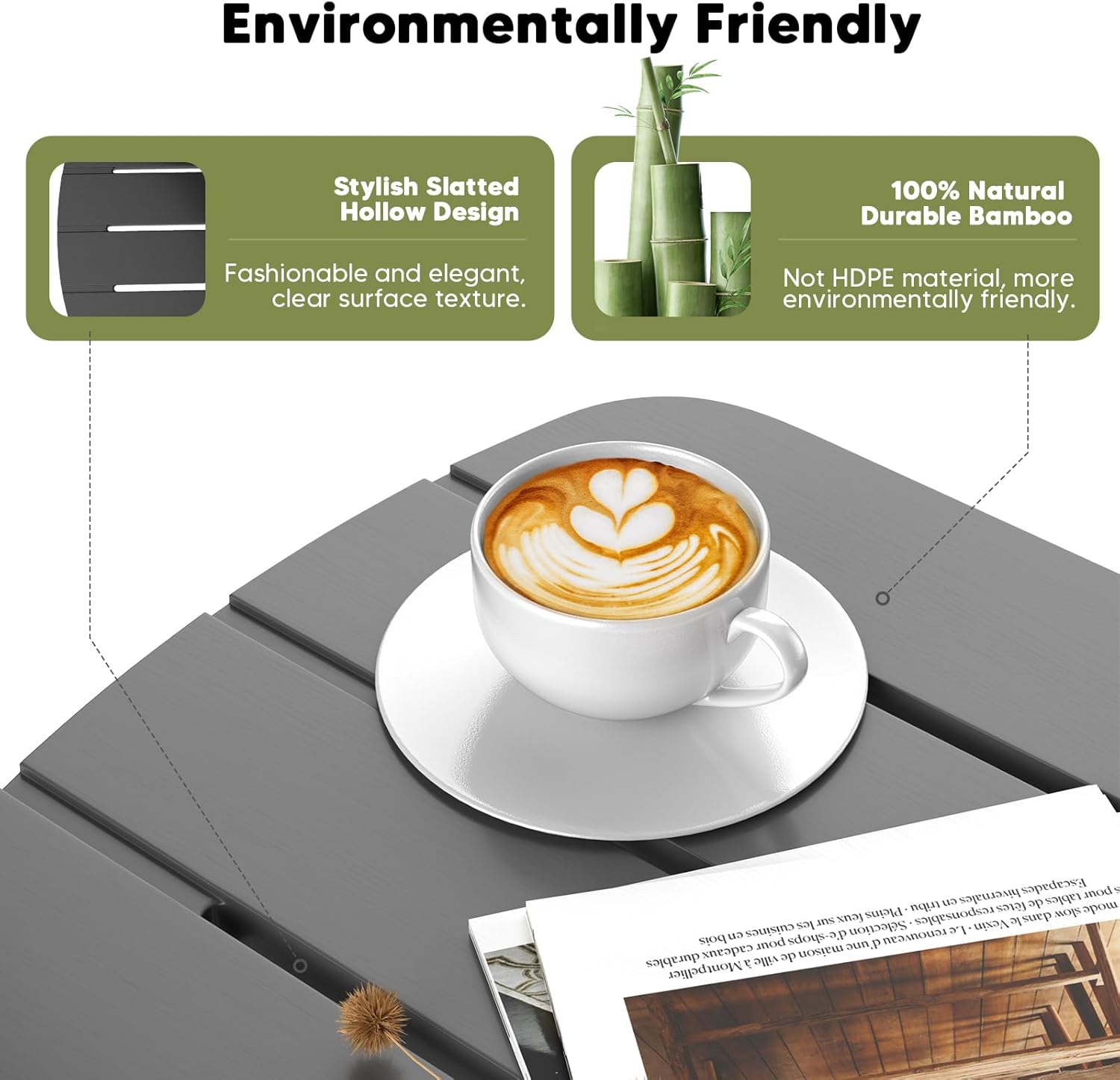 LEJANEOYE Outdoor Side Table, Adirondack Outdoor Patio Table, Bamboo Small Patio End Tables for Pool, Porch, Backyard, Bathroom and Indoor. Easy Maintenance & Weather Resistant (Grey, Standard)