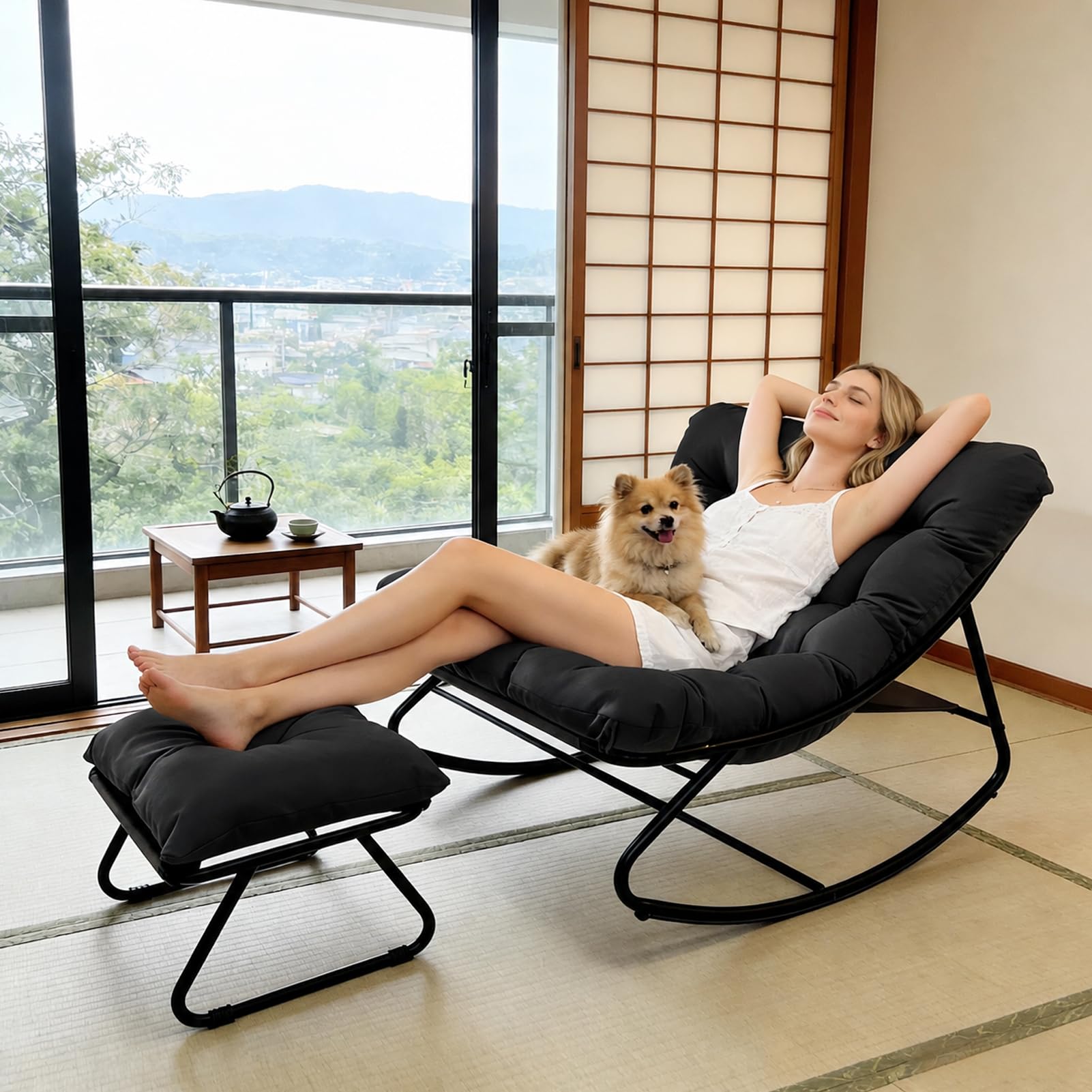 Fauteuil à Bascule Œuf avec Repose-Pieds - Charge 150kg Chaise a Bascule Surdimensionnée, Rocking Chair Coussin Confortable Utilisation Intérieur/Extérieur pour Salon, Jardin, Balcon (Noir)