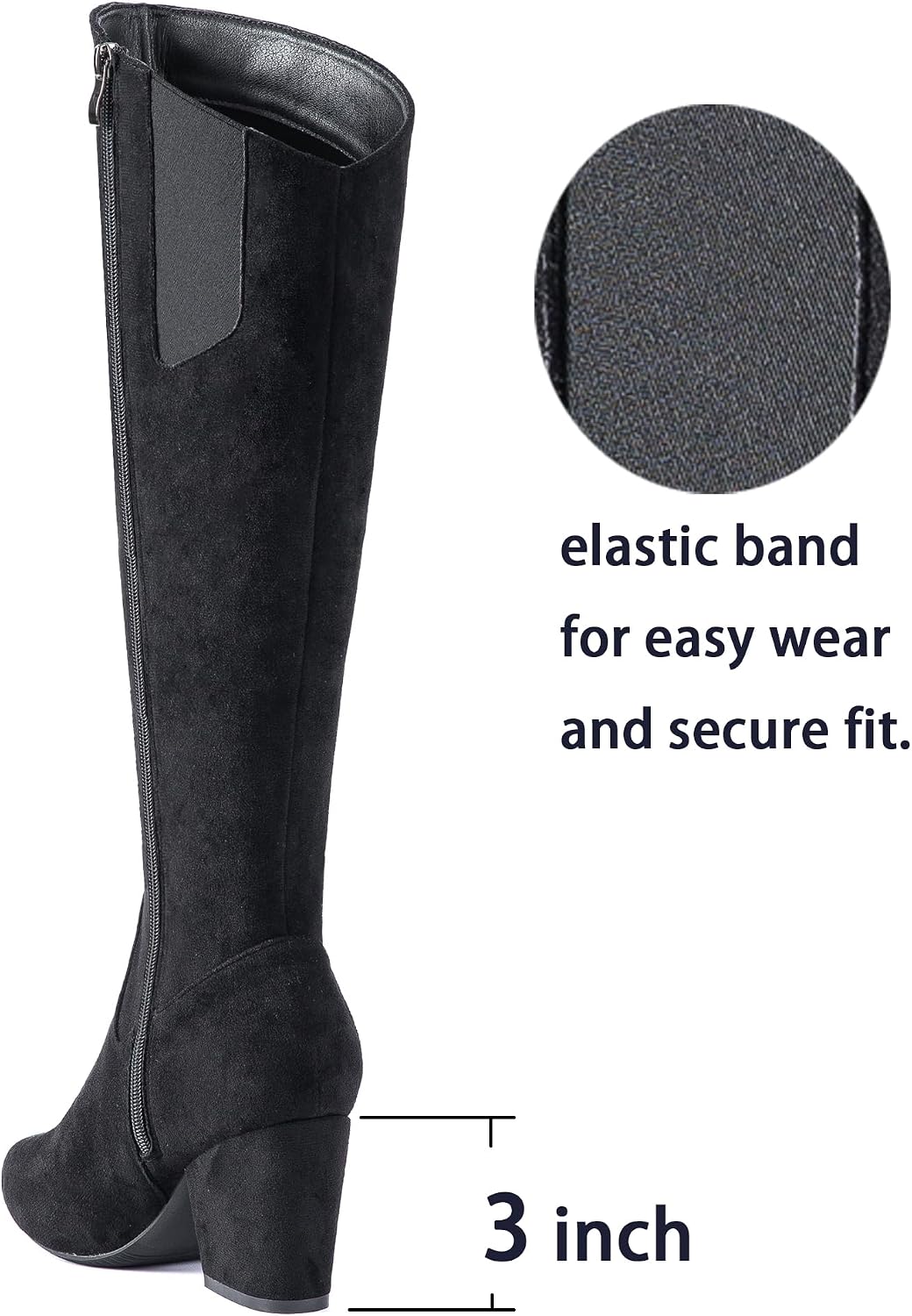N.N.G Women's Knee High Boots, Faux Suede, Black Stone Brown, 3 Inch Block Heel, Pointed Toe, Side Zipper, for Casual and Evening Wear