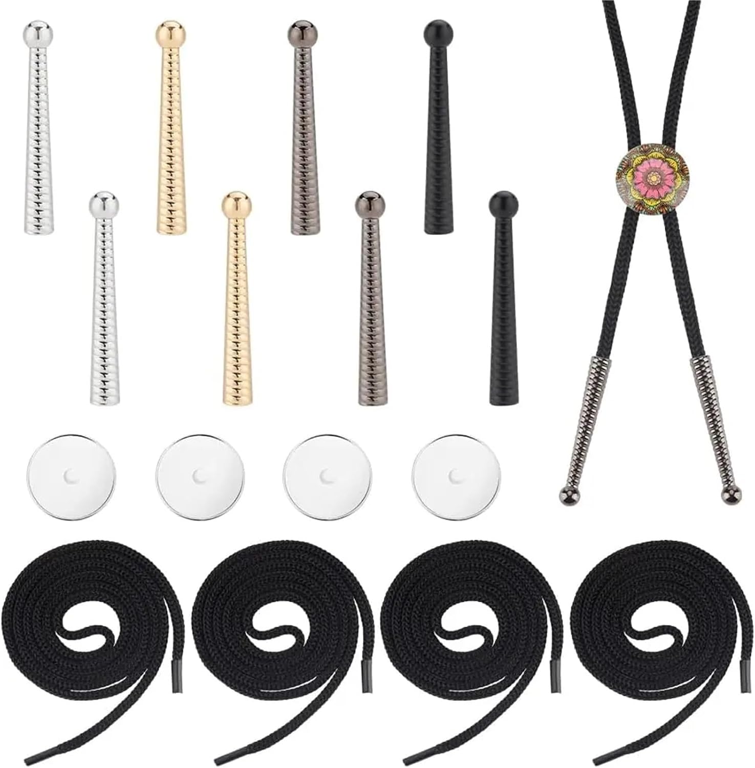 Bolo Tie Making Kit Bolo Tie Findings Cowboy Tips Replacement End Caps Kit Including Nylon Cords Alloy Cord Blank Zinc