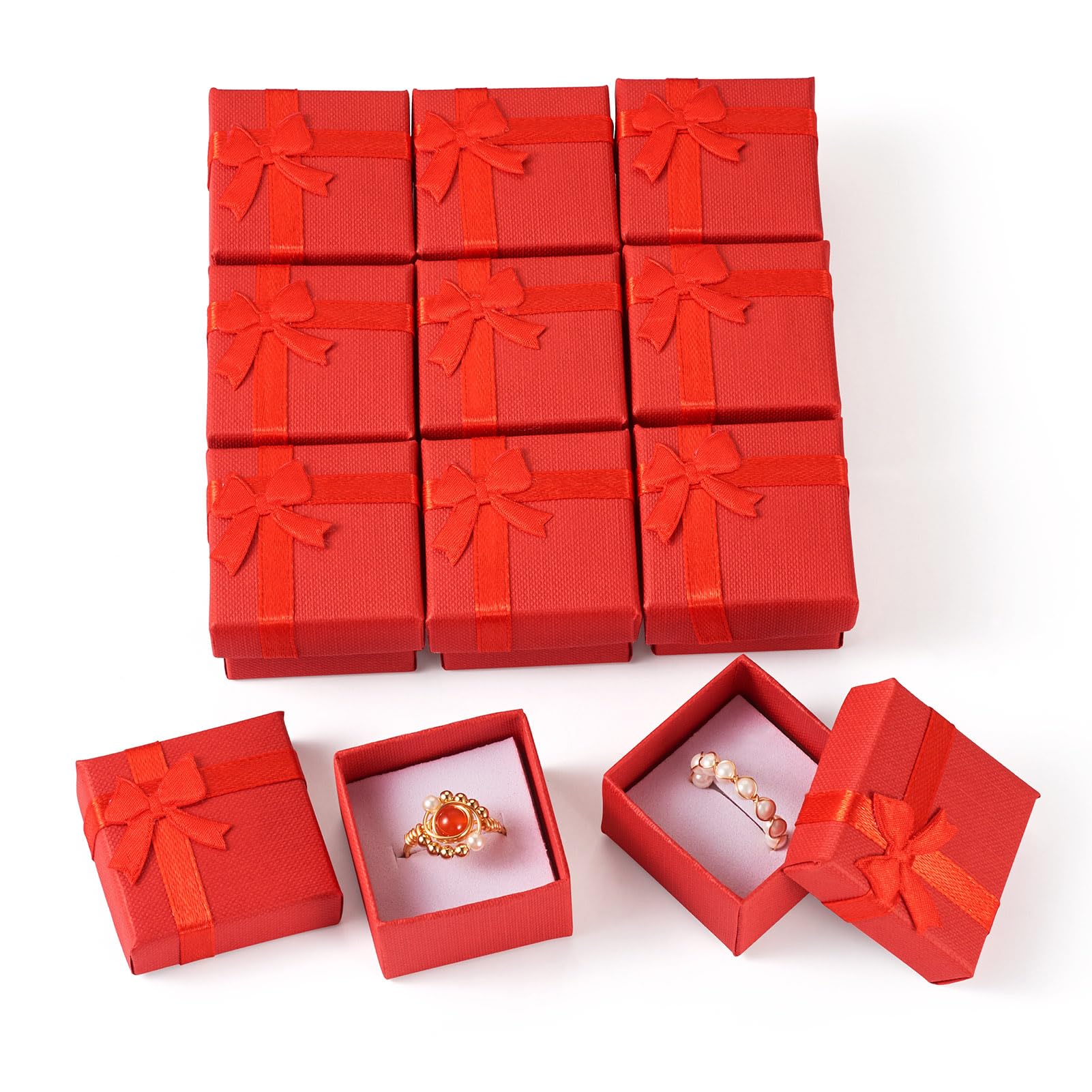 Cheriswelry 12 Pack Cardboard Rings Boxes with Sponge Inside Square Rings Boxe with Bowknot for Proposal Engagement Wedding Anniversary Red - Image 3
