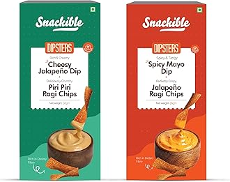 Snackible Dipsters Chips & Dip - Assorted | Pack of 2 Flavours | Cheesy Jalapeno Dip, Spicy Mayo Dip | No Palm Oil | No Refined Sugar | Made with Whole Grains | Rich & Creamy Dips with Chips | Mixed Flavours | Healthy Chips and Biscuit Sticks