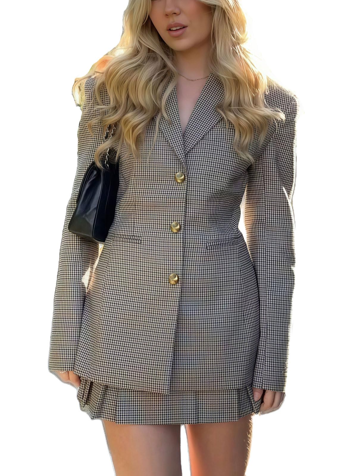 utcoco Womens Work Office Suit Jacket Notch Lapel 3 Button Blazer Houndstooth Plaid Jackets