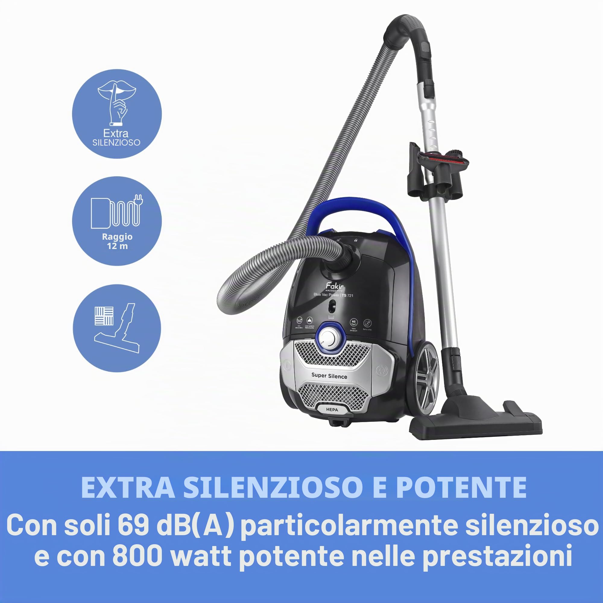 Fakir Blue Vac Power TS 721 - Aspirapolvere con sacchetto, 800 W, con cavo, filtro HEPA H14, motore ad alta efficienza da 69 dB(A), grande sacchetto da 3 l e raggio d'azione di 12 m, colore: Nero/Blu