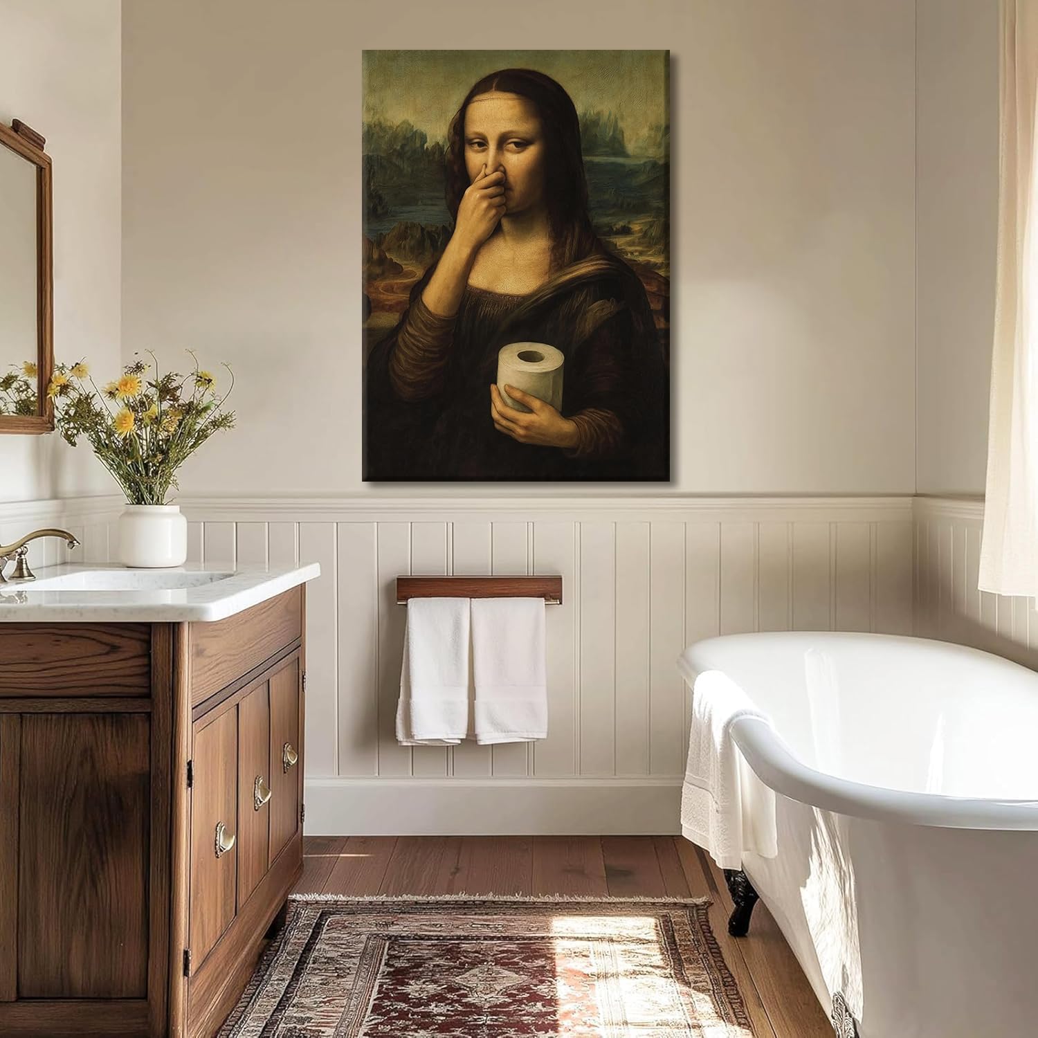 Framed Funny Mona Lisa Bathroom Canvas Wall Art Humor Mona Lisa Pinching Nose Wall Decor Amusing Toilet Artwork Posters Pictures Celebrity Classical Vintage Painting Prints for Washroom Restroom - Image 3