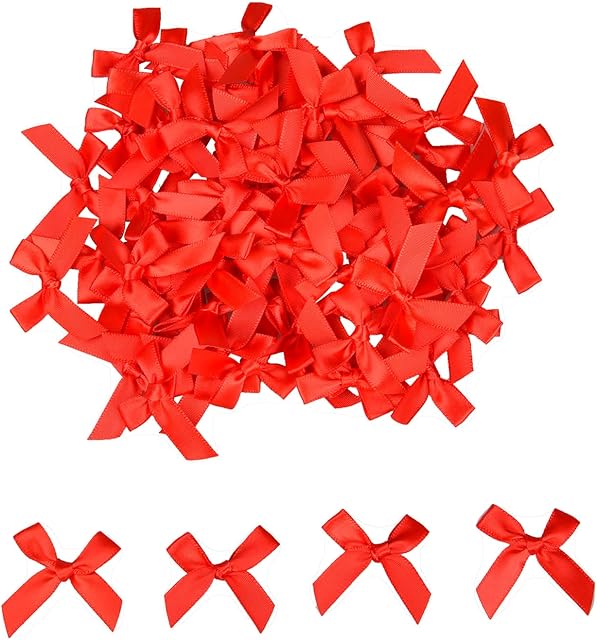 Lezevn Jomnvo 100 Pieces Red Satin Ribbon Bows Chirstmas Mini Bows for DIY Craft Wedding Decoration Card Making Embellishments