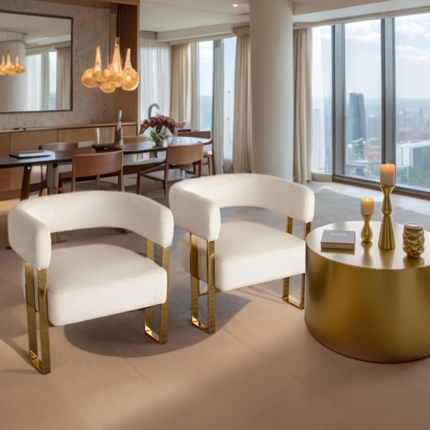 Modern Velvet Accent Chairs Set of 2, Upholstered White Barrel Armchair Living Room Chair with Gold Metal Legs Comfy Corner Sofa Chair for Bedroom Vanity Reception