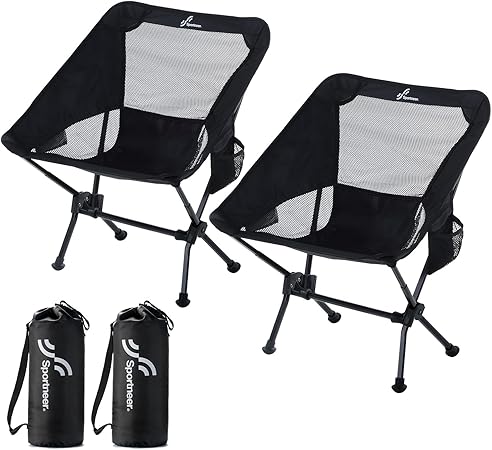 Sportneer Campingstol ultralätta campingstolar för vuxna, bredare design för ökad komfort, bärbar hopfällbar kompakt campingstol för picknick, festival, svart, 2-pack
