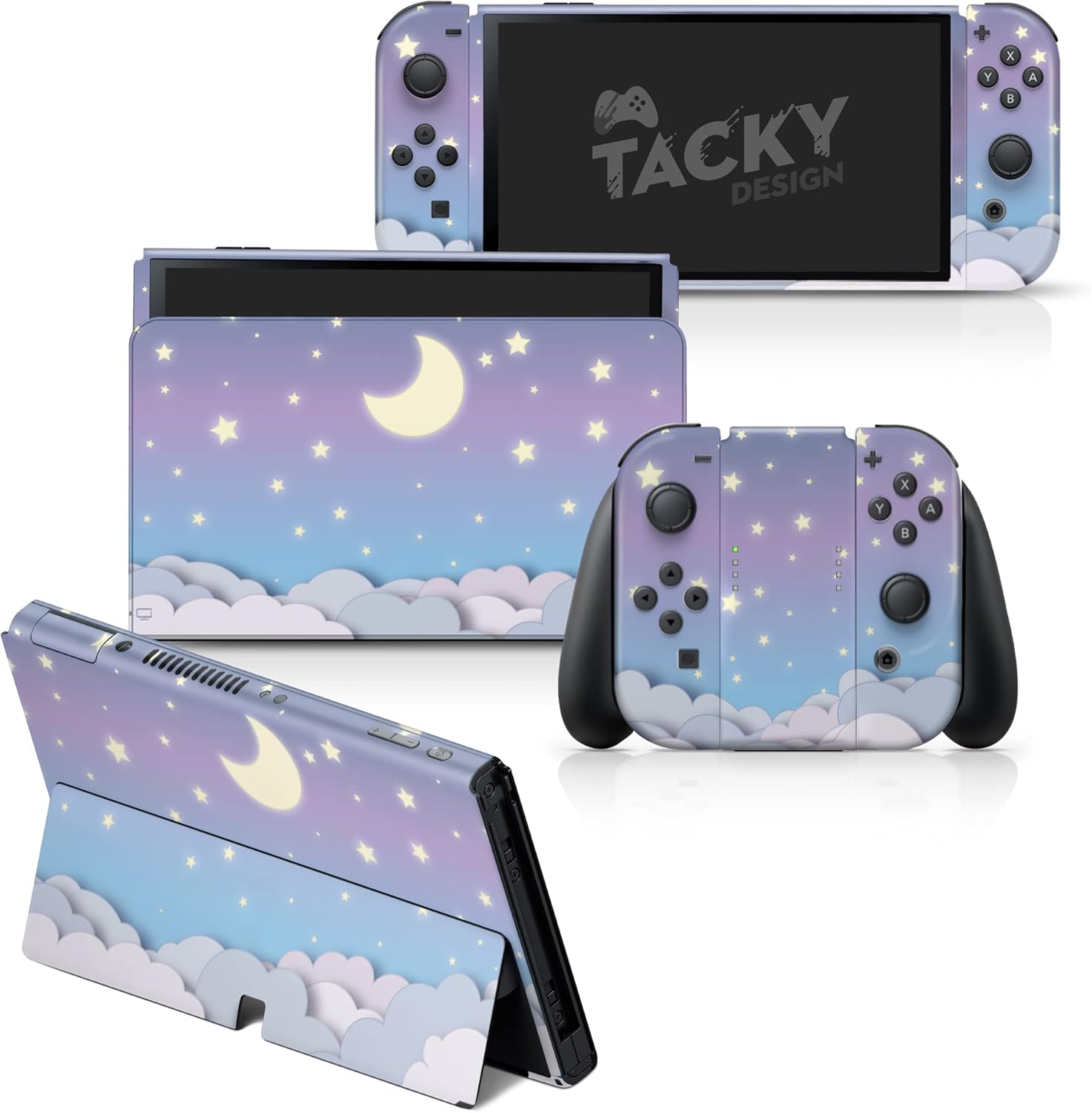Tacky Design Purple Clouds Compatible with Nintendo Switch OLED Wrap Cover, Cute Moon Skin for OLED Stickers, Premium Vinyl 3M Full Wrap Decal
