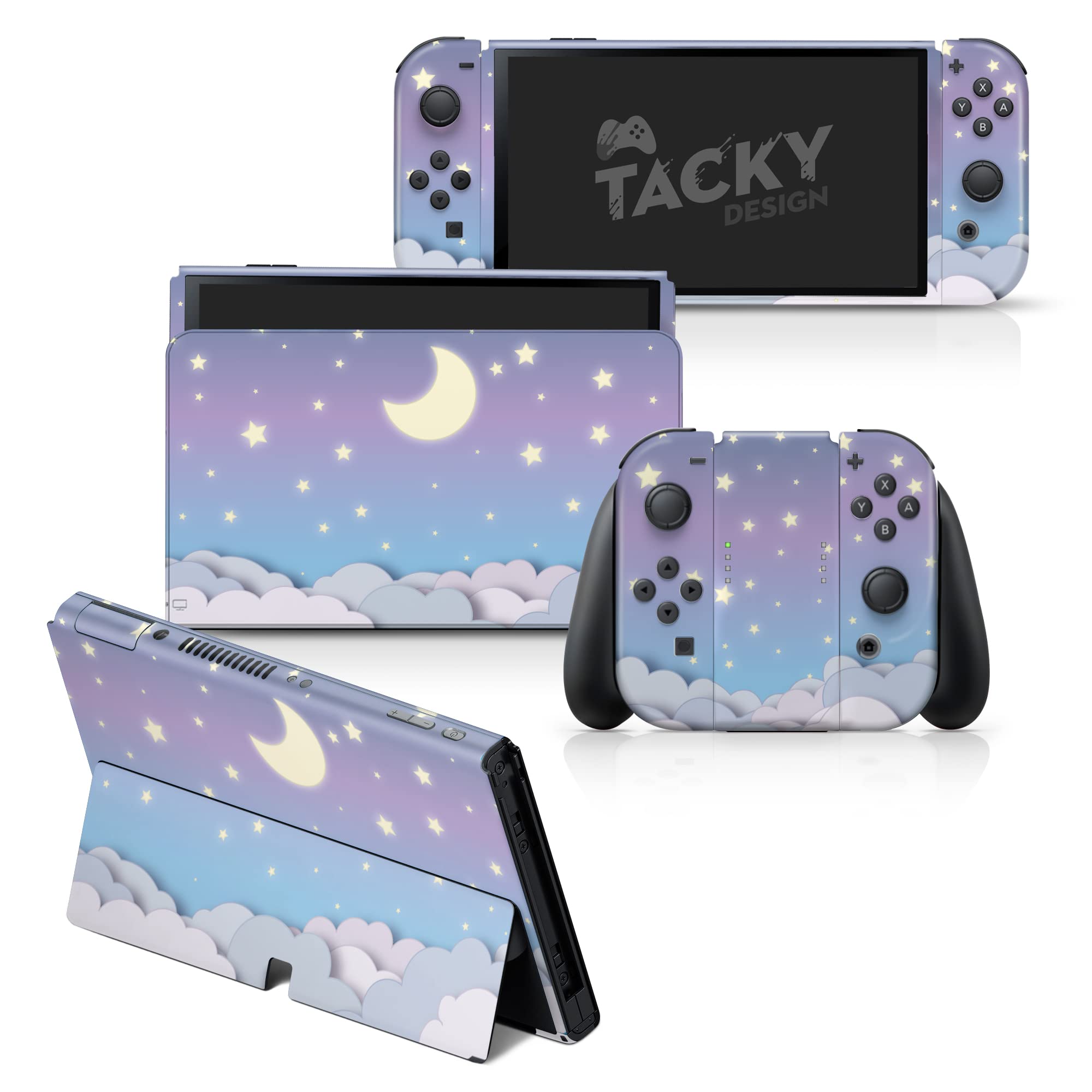 TACKY DESIGN Clouds Skin for Nintendo Switch OLED Skin - ビニール 3M ステッカーセット - かわいいパープルムーンスキン Nintendo Switch OLED Skin Joy Con、コンソール、ドック対応 - デカール フルラップ