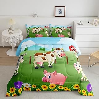 Farm Animal Bedding Set Kids Pig Cow Goat Flowers Comforter Set for Kids Teens Soft Farm Nursery Decor Comforter Rustic Farmhouse Duvet Set Room Decor Twin Size Quilt Boys