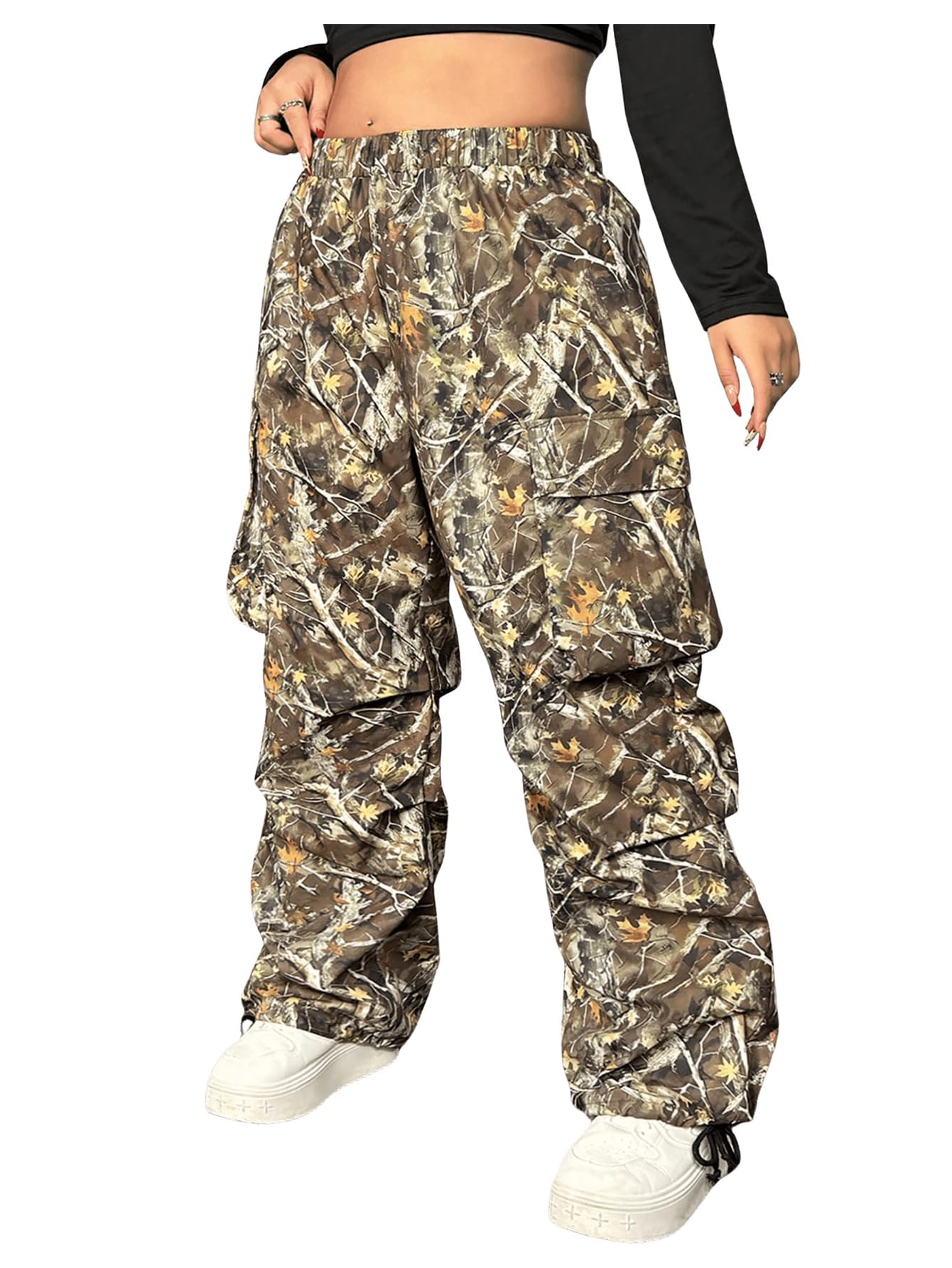 Womens Plus Size Camo Cargo Pants Wide Leg Elastic Waist Long Trousers Streetwear with Pocket
