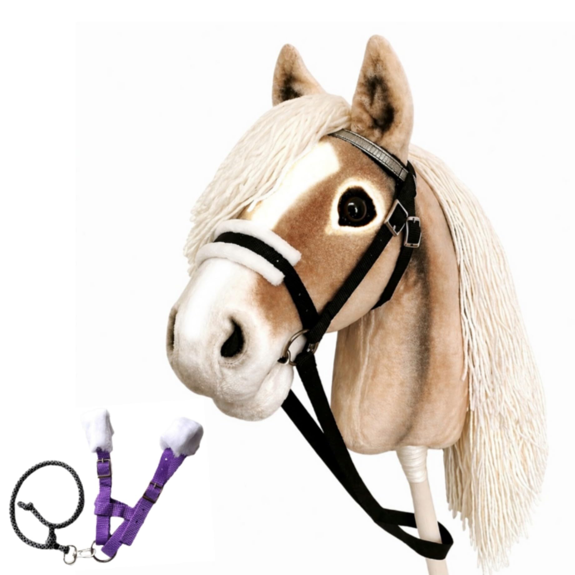 Set Hobby Horse A3 + Abnehmbare Trense & Halfter | Großes Steckenpferd Haflinger | Abnehmbare Trense & Lange Mähne | Stockpferd mit Zubehör