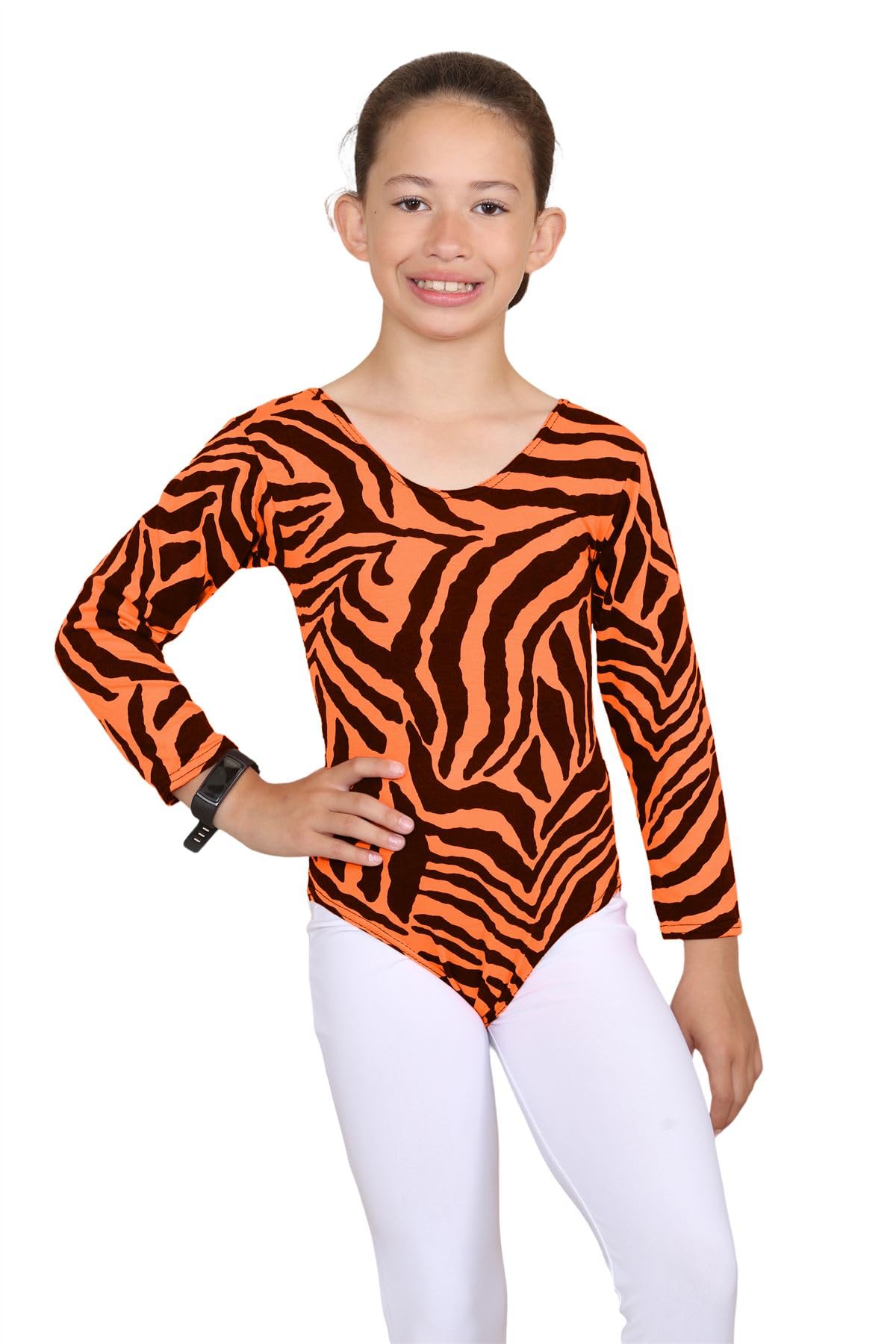 janisramone Girls Kids Zebra Print Long Sleeve Gymnastics Stretch Dance Gymnastics Leotard Bodysuit Top