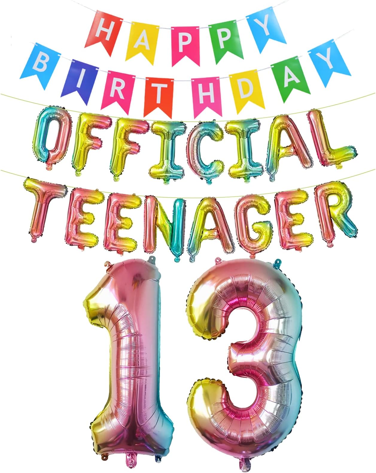 Official Teenager 13th Birthday Decorations Girls Boys Happy Birthday Banner Number 13 Birthday Foil Balloons Official Teenager Balloons for 13 Year Birthday Decoration (Rainbow)