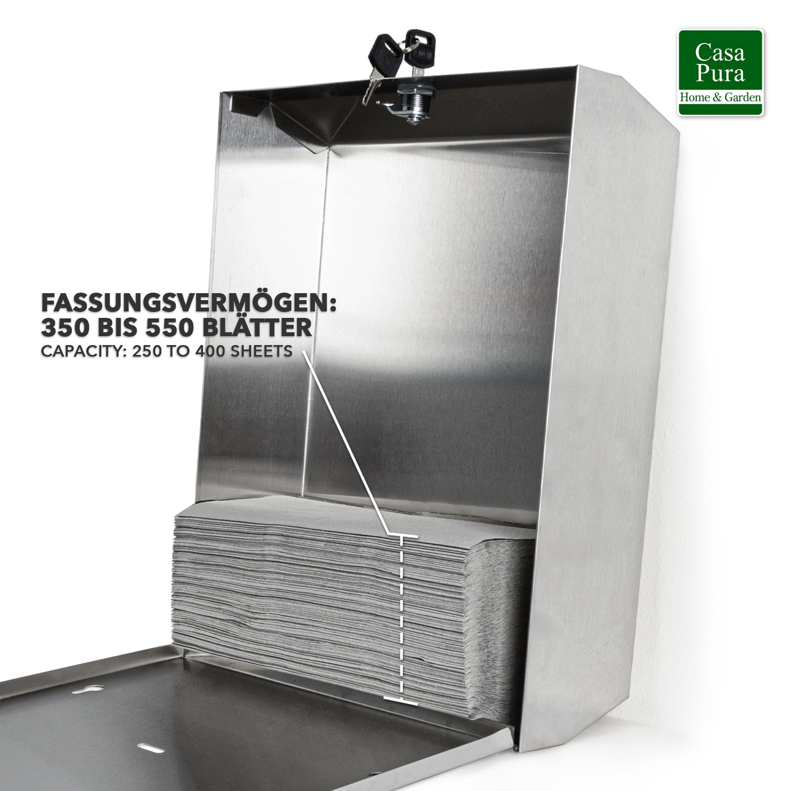 Floordirekt Distributore di carta in acciaio inox per 350 fino a 550 asciugamani di carta – chiudibile con 2 chiavi – Dispenser di asciugamani con materiale di montaggio incluso – Dispenser di