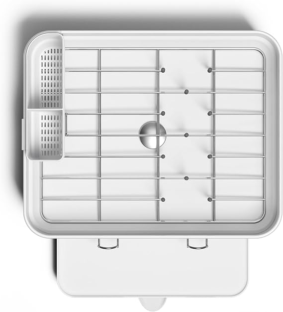simplehuman Steel Frame Dishrack, Compact Dish Drying Rack for Small Kitchens, 360o Easy Drain Swivel Spout, Anti-Residue Coating, Moisture Control Surface, White