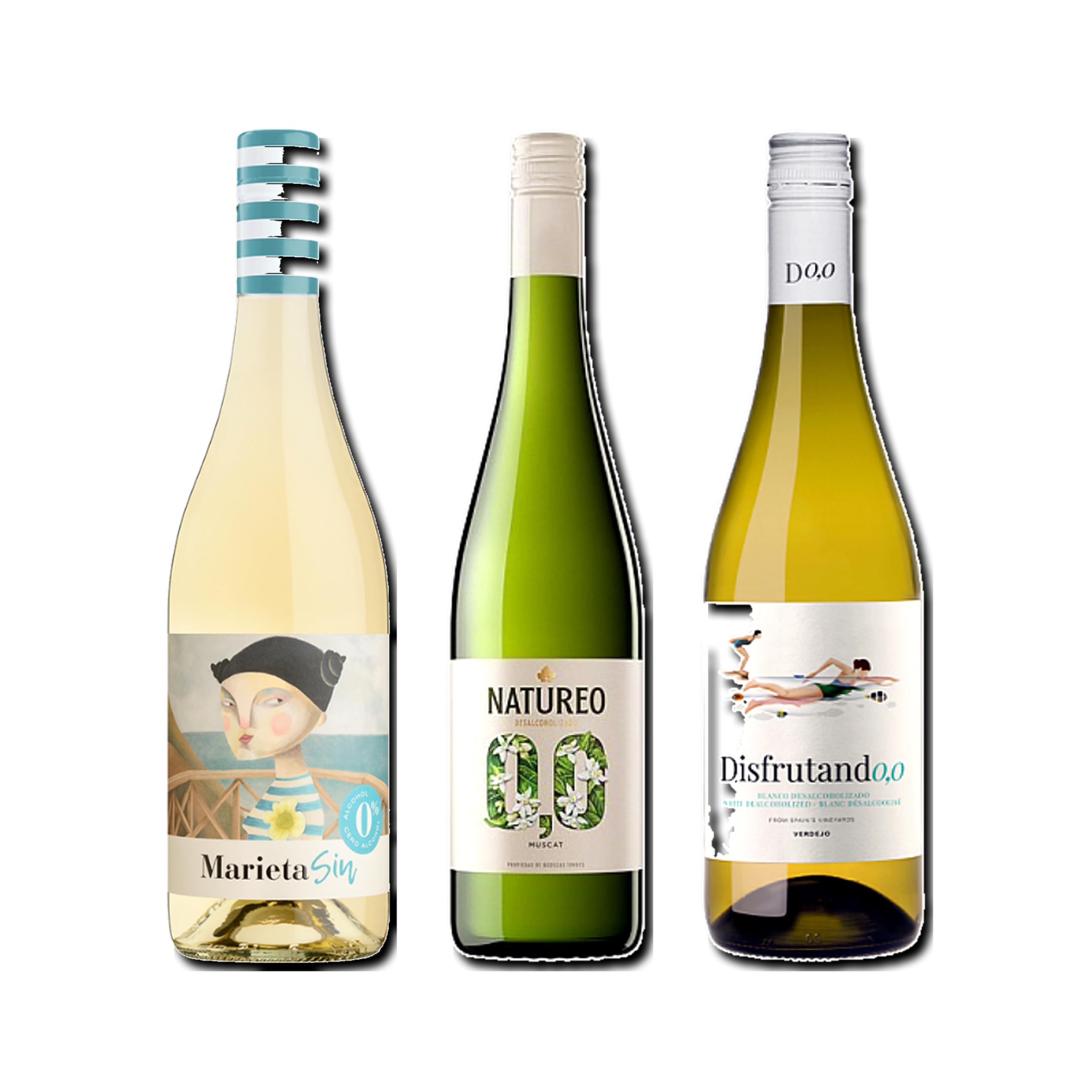 vino sin alcohol 0,0 Marieta, Natureo Blanco Muscat y Disfrutando 0,0 Blanco pack de 3 botellas 75cl