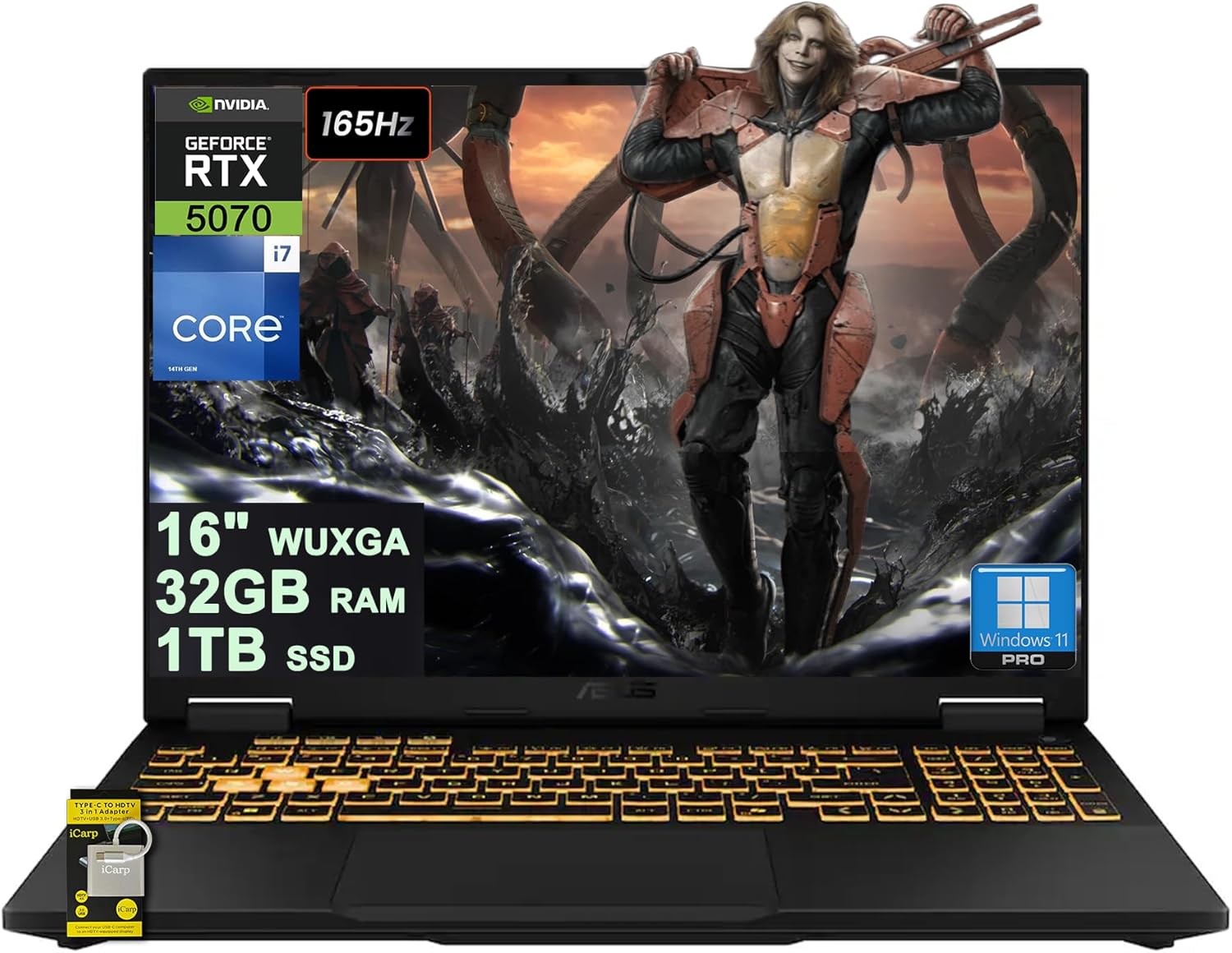 ASUS TUF Gaming F16 Laptop 16" WUXGA IPS 165Hz (100% sRGB, GSYNC) Intel 16-core i7-14650HX 32GB RAM 1TB SSD GeForce RTX 5070 DLSS4 (Up to 798 AI Tops) RGB Backlit Thunderbolt Wi-Fi6E Win11Pro ICP Hub