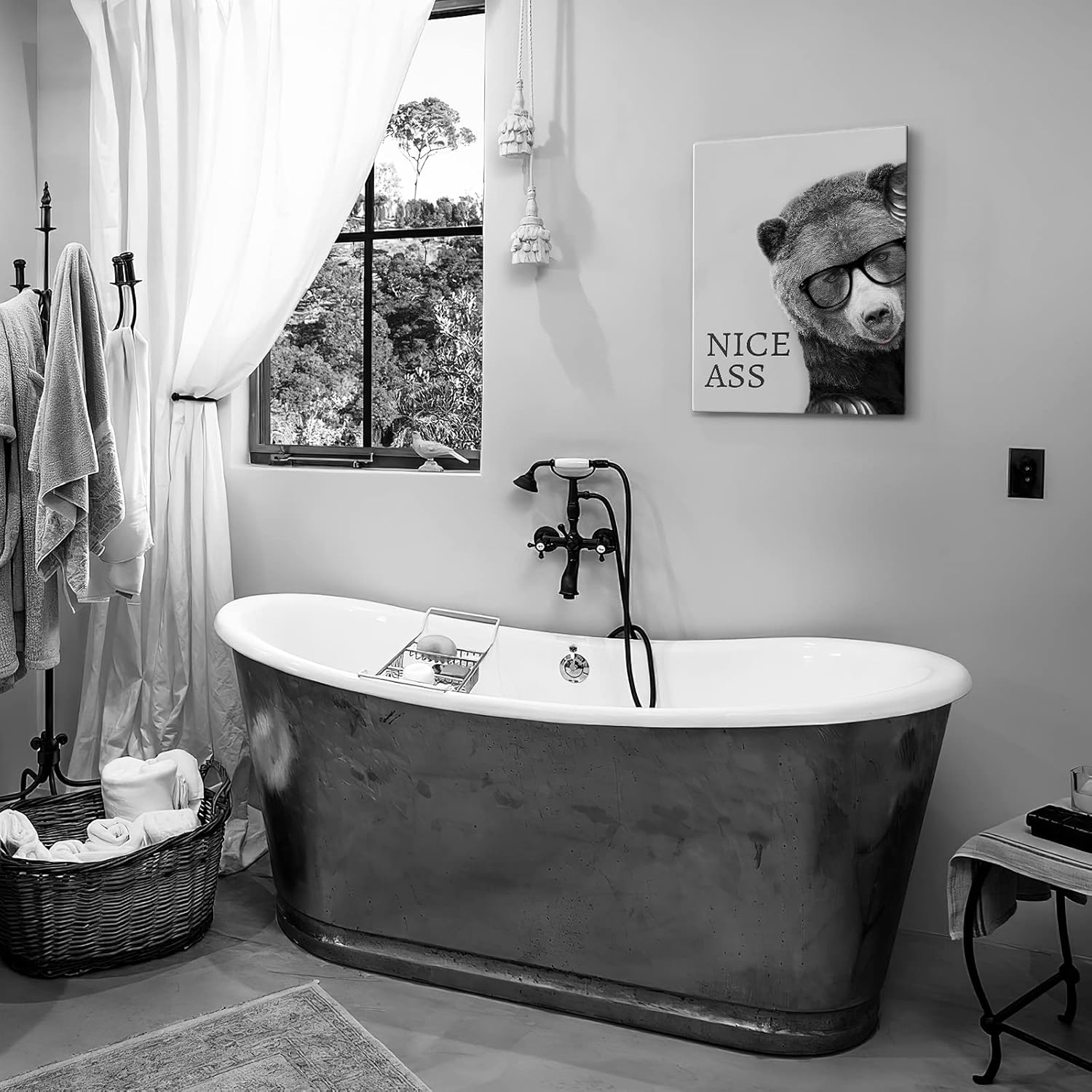 Kasluolo Bear Bathroom Decor Wall Art Funny Bear Picture Wall Decor Farmhouse Black and White Painting Wall Décor for Bathroom Toilet Framed Artwork 12x16 inch