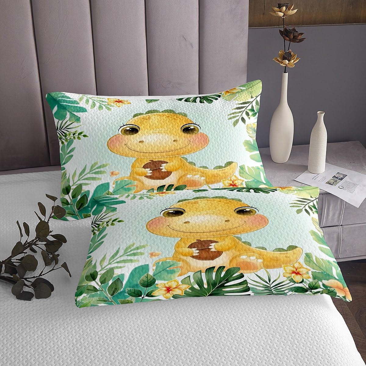 Tropical Plants Trees Bedspread King,Palm Leaves Quilted Coverlet 3pcs for Adults Teens Room Decor,Cartoon Dinosaur Soft Breathable Bedding Quilt