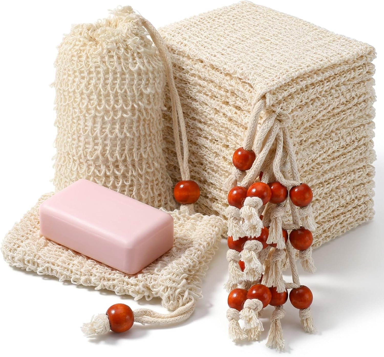 80 Pack Sisal Soap Saver Bag Exfoliating Soap Mesh Pouch with Drawstring Bar Wooden Bead Foaming and Drying Exfoliating Net for Bath and Shower