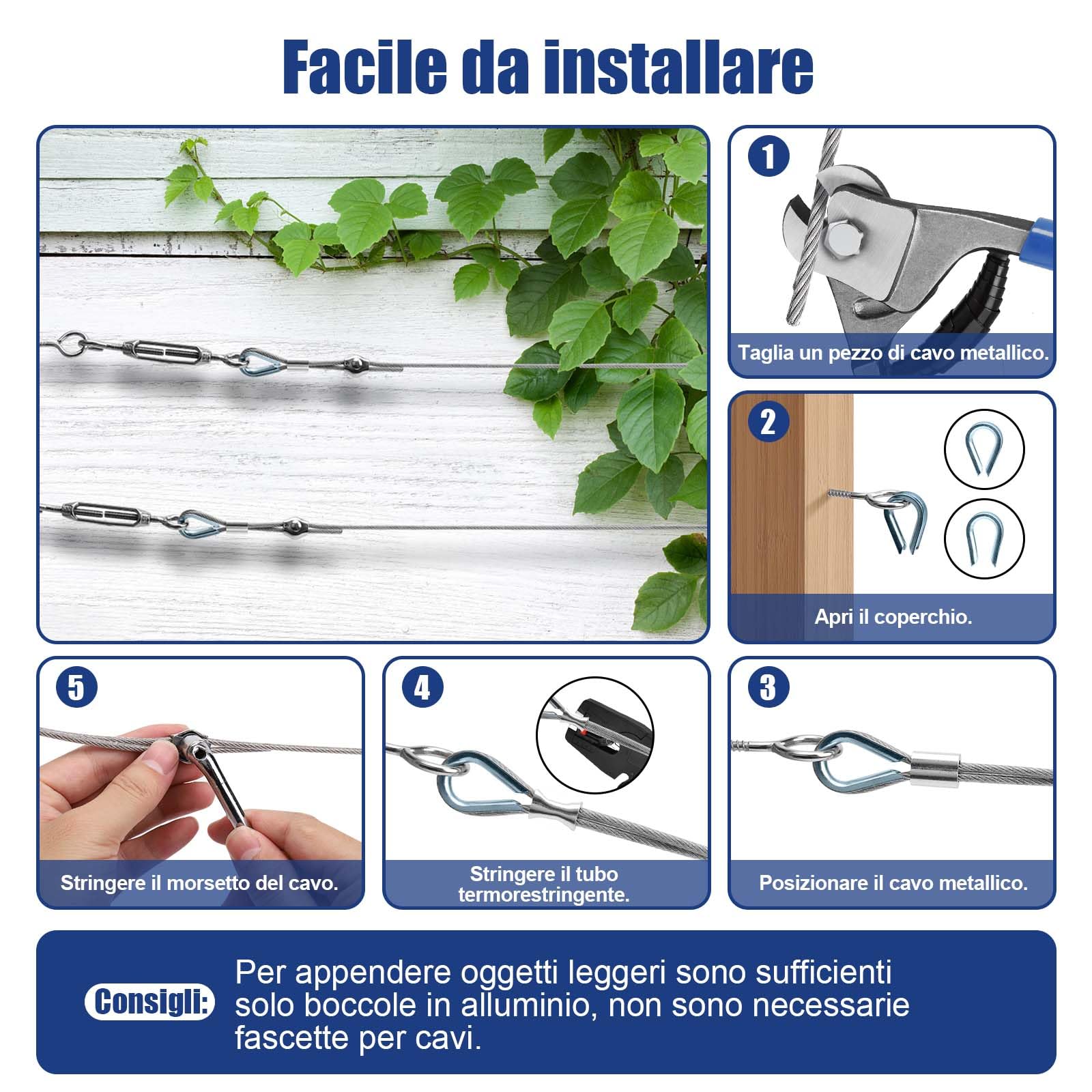 Angooni Set di 74 corde in acciaio inox, 35 m, 3 mm, per piante rampicanti, tende, recinzioni