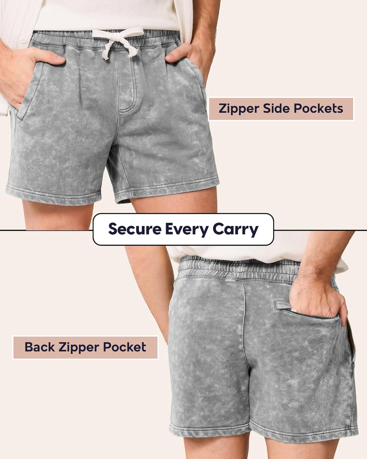 maamgic Mens Casual Shorts 5/7 Inch Washed Cotton Summer Shorts with Elastic Waist Drawstring and Pockets