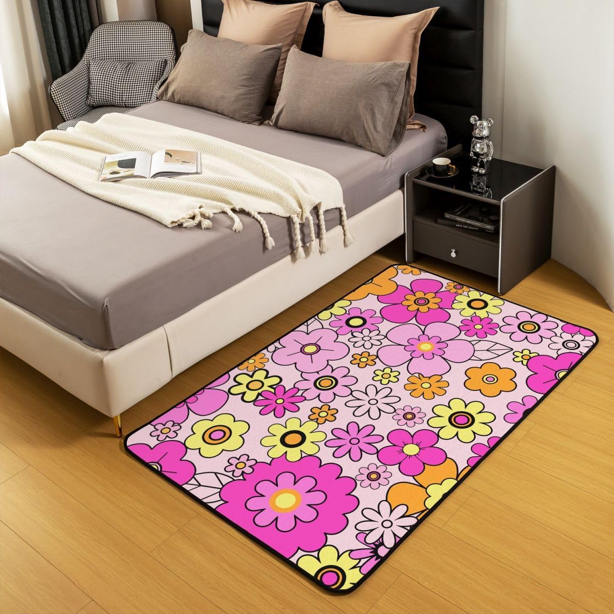 Erosebridal Girls Pink Flowers Area Rug 5x7,Psychedelic Groovy Floral Power Rug Aesthetic,Hippie Vintage 60S 70S Style Carpet Funky Hand Drawn Non Slip Living Room Rugs