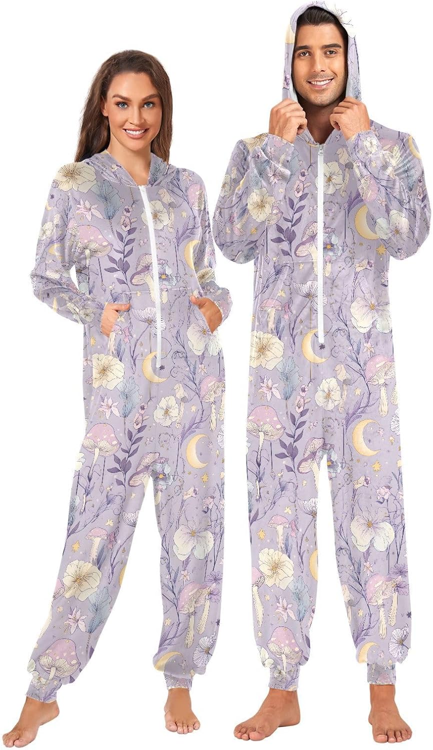 Mushroom Purple Flowers Moon Adult Onesie Pajamas Novelty One Piece Costume Sleepwear Jumpsuits Matching PJS
