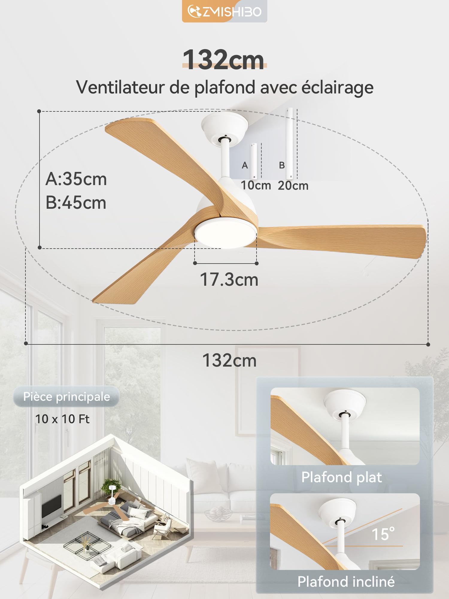 ZMISHIBO Ventilateur de Plafond avec Lumière et Télécommande, Ø132 cm, Moteur DC Silencieux, 6 Vitesses, 3 Températures de Couleur LED (3000K/4000K/6000K), Modes Été/Hiver, Minuterie 1/4/8h ABS