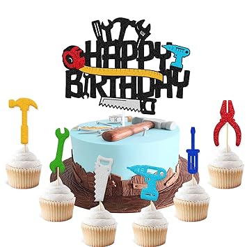 Tools Cupcake Cake Topper Toolbox Wrench Hammer Mechanic Drill Plier Handsaw Tape Measure Screwdrivers Themed Happy Birthday Party Cake Decoration
