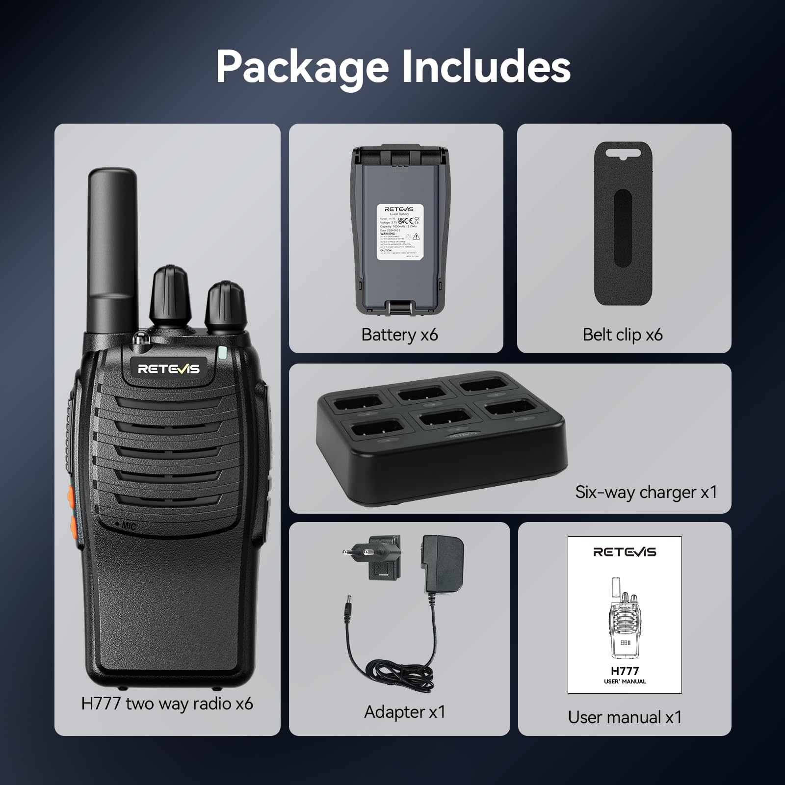 Retevis H777 Walkie Talkie Akumulatorowe, Radiotelefon Dwukierunkowy z Sześciostopniową Ładowarką, Wydajne Ładowanie, LED, VOX, Obsługiwane Walkie Talkie do Bezpieczeństwa, Szkoła (Czarny, 6 Sztuk)