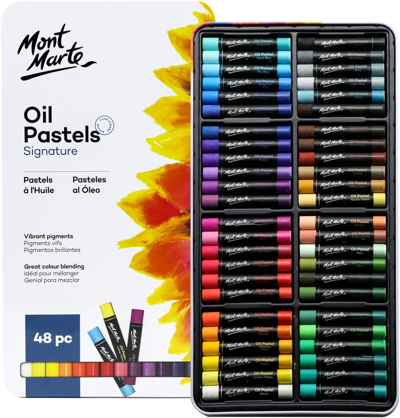 Oil Pastels in Tin Box Signature 48pc, 48 Assorted Colours, Vibrant Oil Pastel Set, Great Blending and Layering, Comes in Storage Case, Ideal for Art, Craft, Colouring and Sketching