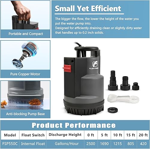 Miniatura 4 de FLUENTPOWER 1/2HP 2500GPH Bomba Sumergible de Sumidero, Bomba de Agua de Utilidad de Operación Automática/Manual, con Adaptador de Válvula