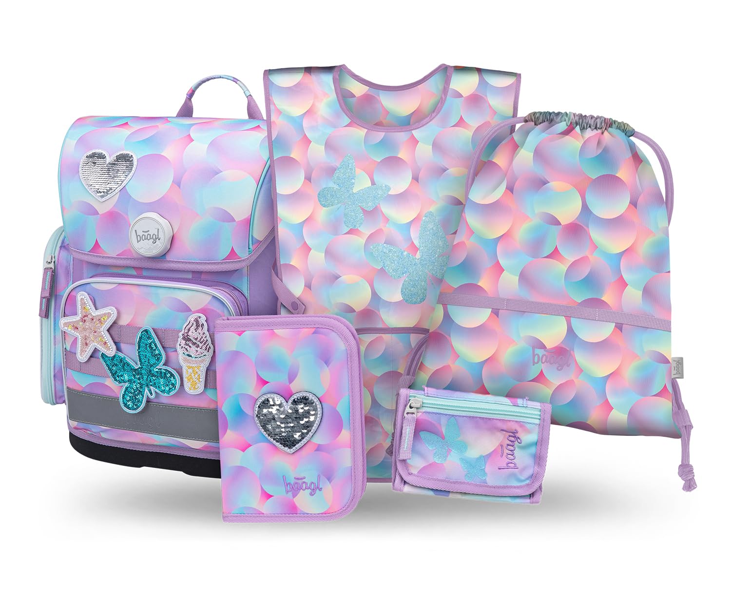 Baagl Juego de 5 Mochilas Escolares para niños y niñas (Mochila Escolar Ergo para 1ª Clase, Estuche, Bolsa de Gimnasio, Delantal, Bolsa de Pecho), Mochila Escolar ergonómica, 19 l, Candy, Juego de